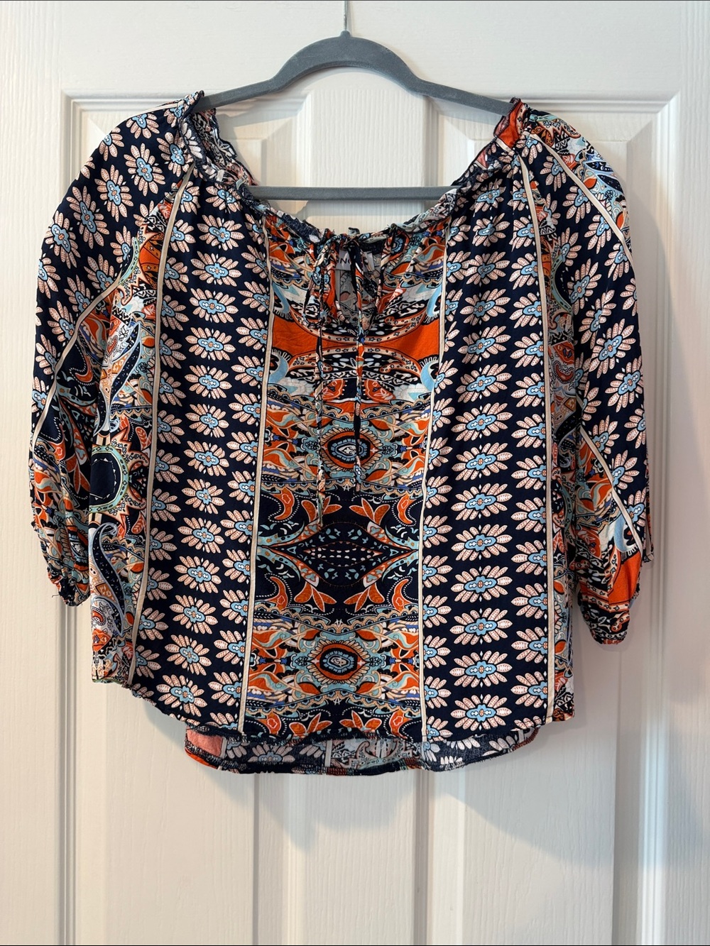 Boho Peasant Blouse in Navy & Orange